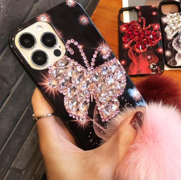 iPhone 13 ProMax Girly 3D Rhinestone Bling Butterfly & Fuzzy Ball Phone Case - Picture 6 of 6